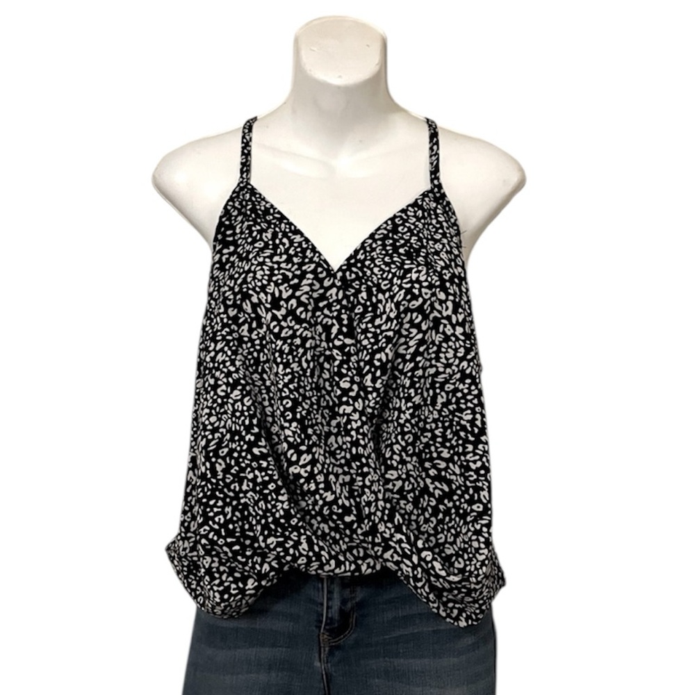 Sleeveless Spaghetti Strap Draped Black & White Spotted Cheetah Camisole Top S/M